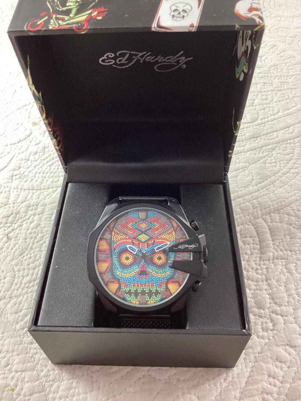 Ed Hardy Mens Sugar Skull Watch*Black Mesh Band Quartz Movement*Need Battery*NIB